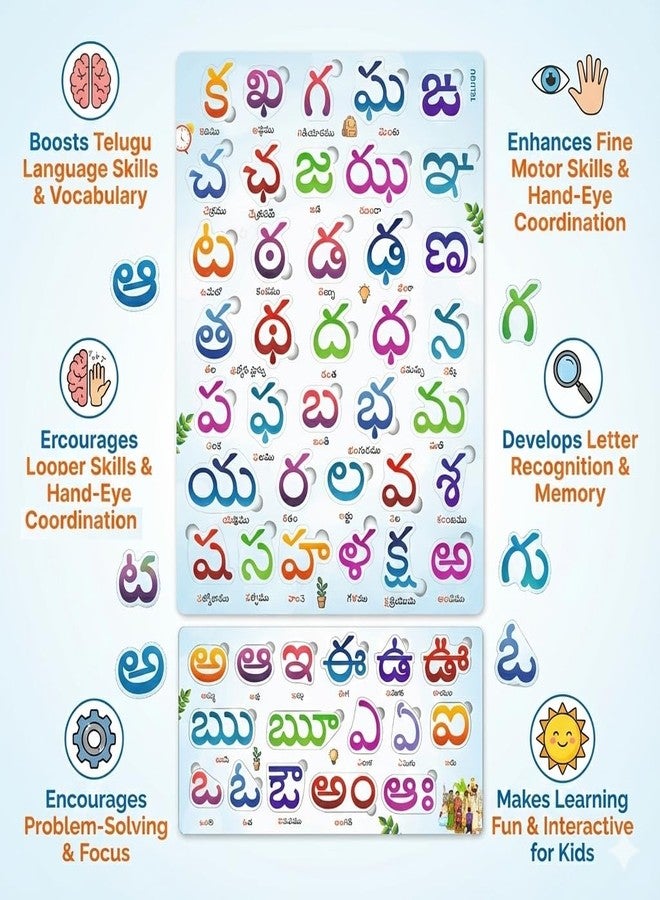 CRAFTICK Wooden Telugu Alphabet Puzzle | Telugu Varnamala Board with Swar & Vyanjan | Montessori Educational Learning Toy for Preschoolers | Aksharabhyasam Gift for Kids 3+ Years (Hallulu & Achulu) - Image 4